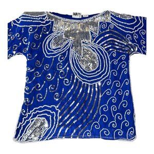 Vintage SWEE LO Shirt Top Blouse Silk Sequin Blue Pearl Silver Embellished